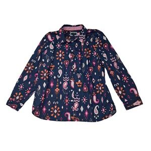 Talbots Button Down Shirt Womens XL Petite Navy Pink Ikat Paisley Long Sleeve